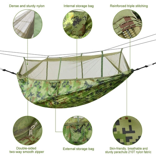600lbs Camping Hammock with Mosquito Net – 2 Person Parachute Nylon Hammock with Bug Net, Carabiners & Straps for Hiking, Backpacking & Outdoor Use