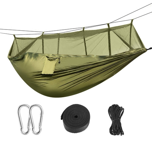 600lbs Camping Hammock with Mosquito Net – 2 Person Parachute Nylon Hammock with Bug Net, Carabiners & Straps for Hiking, Backpacking & Outdoor Use