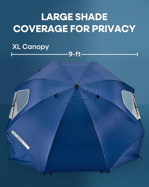 9ft XL Heavy-Duty Beach Umbrella with Privacy Panels – UPF 50+, Zippered Windows, Auger Anchor, Stakes & Carry Bag for Beach, Camping & Outdoor Events