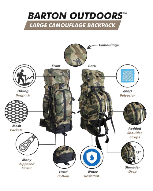 Camouflage 30" Water-Resistant Mountaineer's Hiking & Camping Backpack – Heavy-Duty 600D Polyester, Hardened Bottom, Multi-Pocket for Multi-Day Adventures